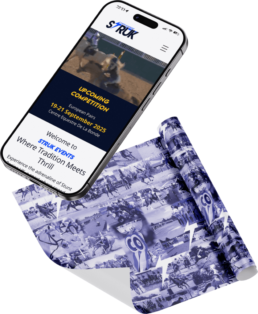 STRUK mobile website showing upcoming equestrian competition alongside custom wrapping paper design featuring action photography and lightning bolt graphics