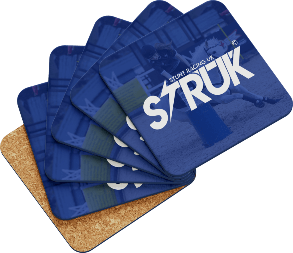 Branded STRUK coasters featuring stunt racing imagery and bold logo design, created for an equestrian sports organisation by freelance graphic designer