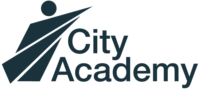 Academy logo with abstract rising figure and modern sans-serif typography