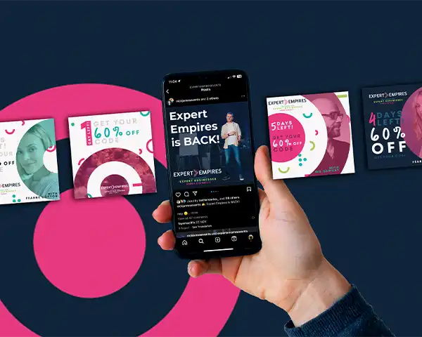 West midlands based Expert Empires social media campaign shown on smartphone and carousel graphics – bold event promo design with 60% off offer