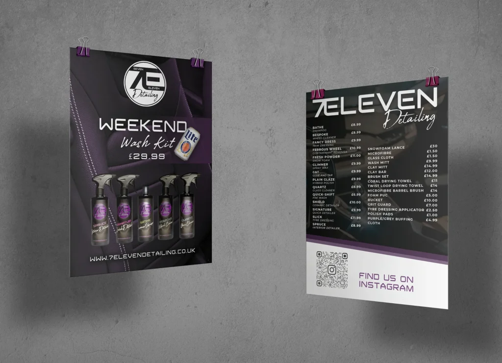Pair of promotional flyers for an automotive detailing brand, featuring a weekend wash kit product lineup and a detailed price list with modern, high-contrast design.