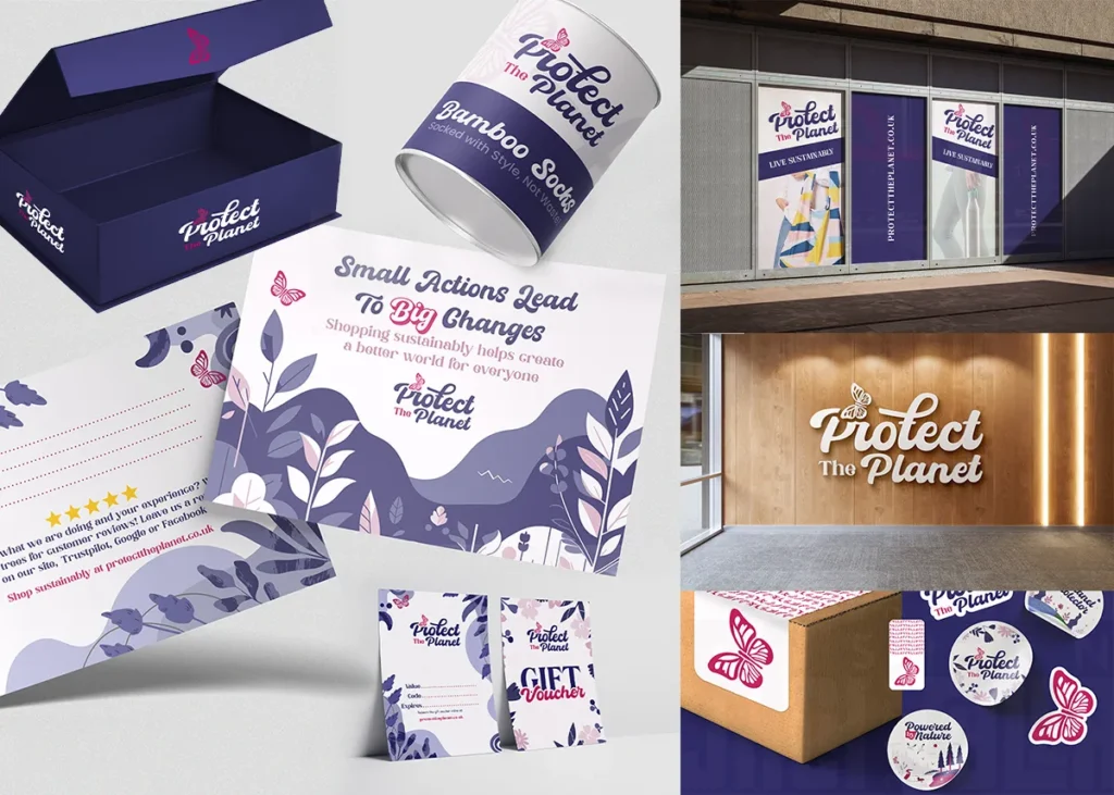 Collage showcasing “Protect The Planet” brand identity across packaging, signage, gift cards, stickers, and eco-friendly marketing materials.