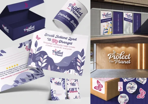 Collage showcasing “Protect The Planet” brand identity across packaging, signage, gift cards, stickers, and eco-friendly marketing materials.
