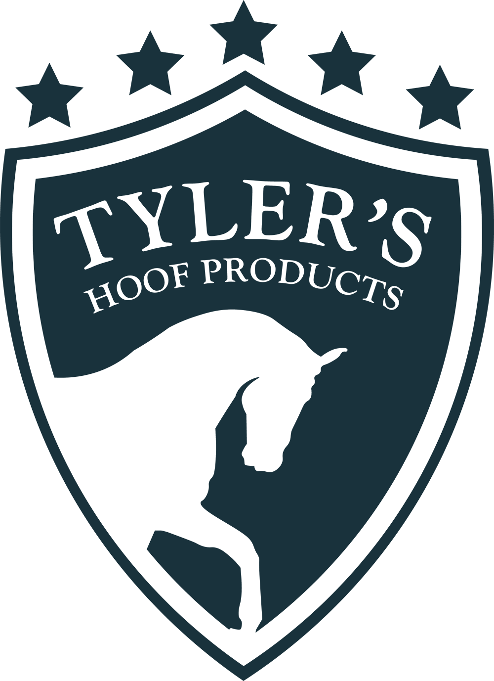 Hoof Products branding logo with a rearing horse silhouette inside a shield and stars above