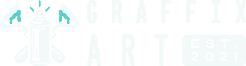Graffix Art logo featuring a spray paint can with crossed rollers and artistic elements, accompanied by bold uppercase typography spelling 'GRAFFIX ART' and a badge reading 'EST. 2021'.