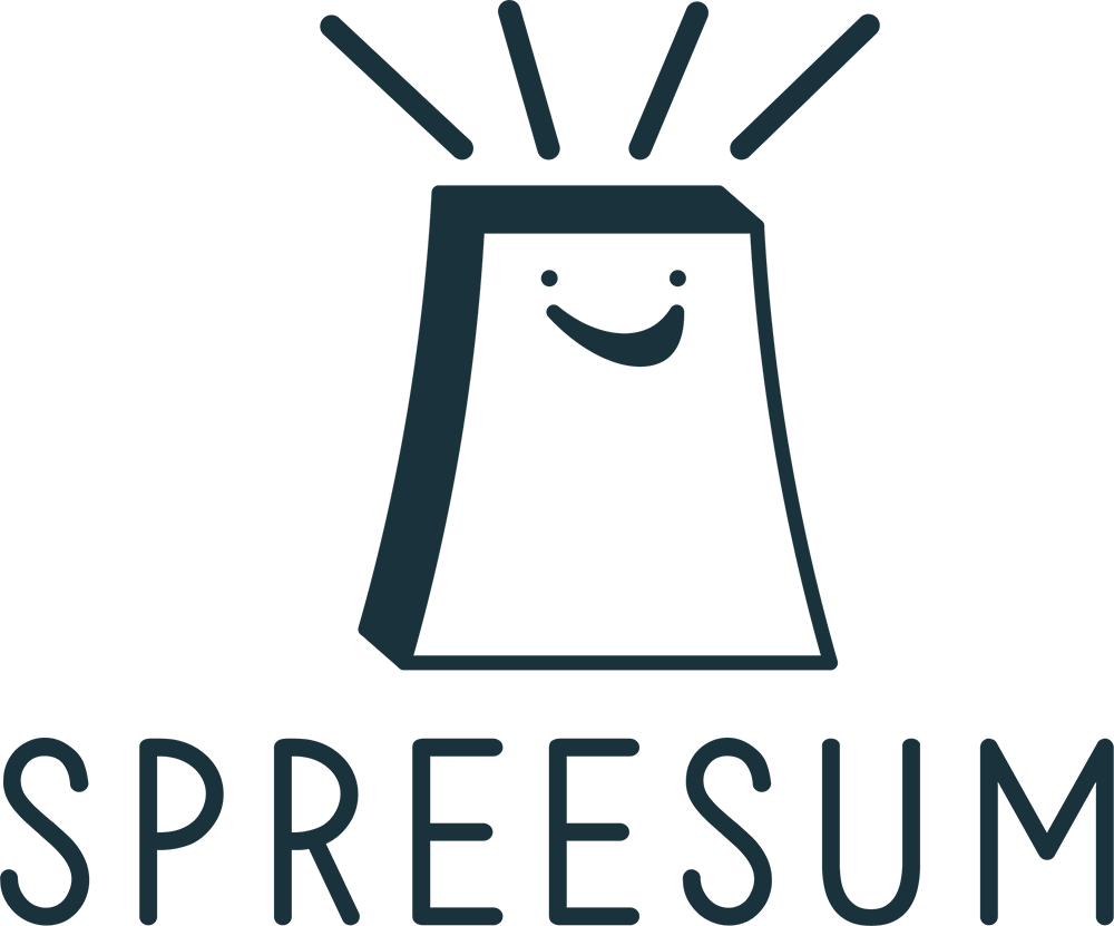 Spreesum e-commerce logo design featuring a smiling shopping bag icon with radiating lines