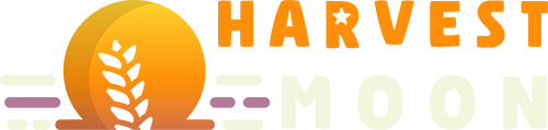 Harvest Moon logo featuring a stylised golden moon with a wheat stalk silhouette in the centre, accompanied by the text 'HARVEST MOON' in bold, gradient lettering with decorative horizontal lines.