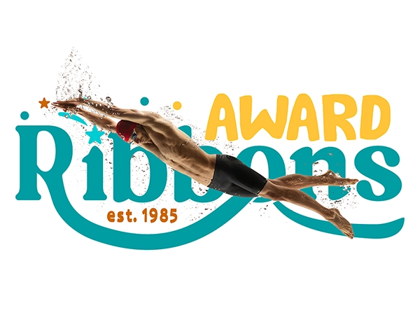 swimmer diving through coventry based Award Ribbons brand identity – est. 1985, colourful branding for sports and achievement awards.