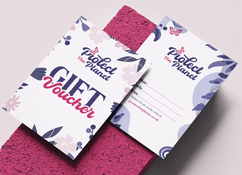 Floral-themed gift voucher design for ecommerce site, featuring soft pink and purple tones with eco-conscious branding.