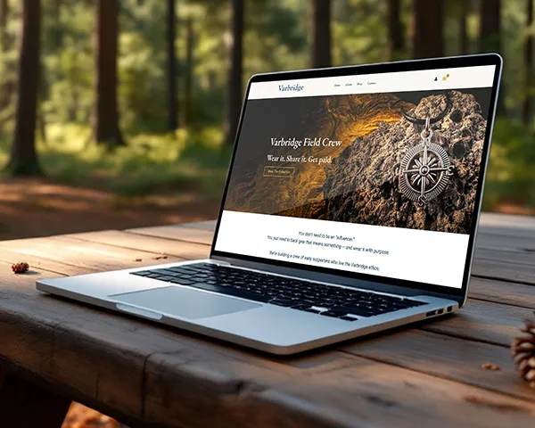 coventry based Varbridge website on laptop showcasing Field Crew ambassador program – rugged men’s jewellery brand displayed in outdoor forest setting