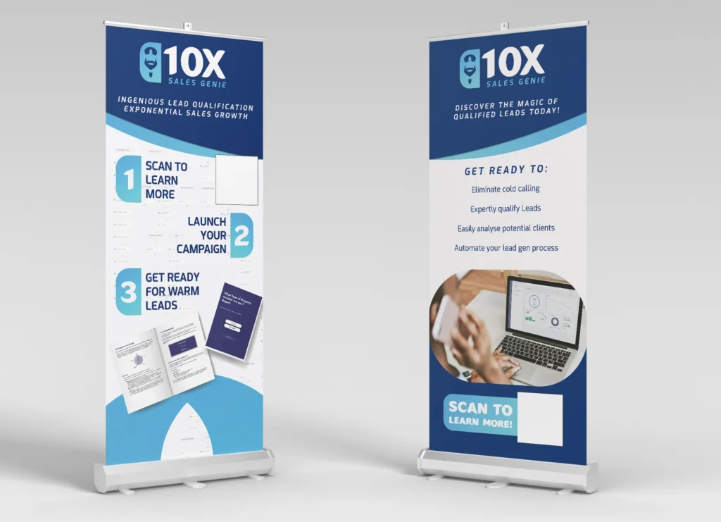 Branded exhibition roller banners for a lead gen company, showcasing lead generation messaging, step-by-step process graphics, and a business-focused layout in blue and white.