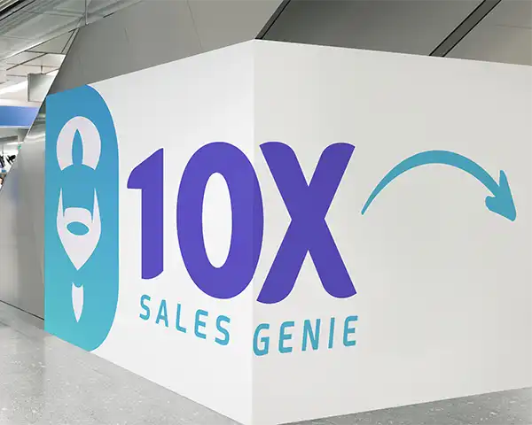 UK Based 10X Sales Genie wall graphic with bold lettering, genie icon, and arrow – modern brand identity for sales growth or marketing consultancy