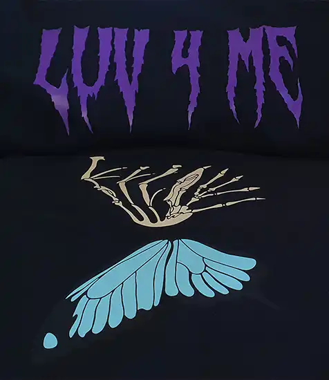 Custom vinyl printed graphic with “LUV 4 ME” text and skeleton hand holding a blue butterfly wing on black fabric.