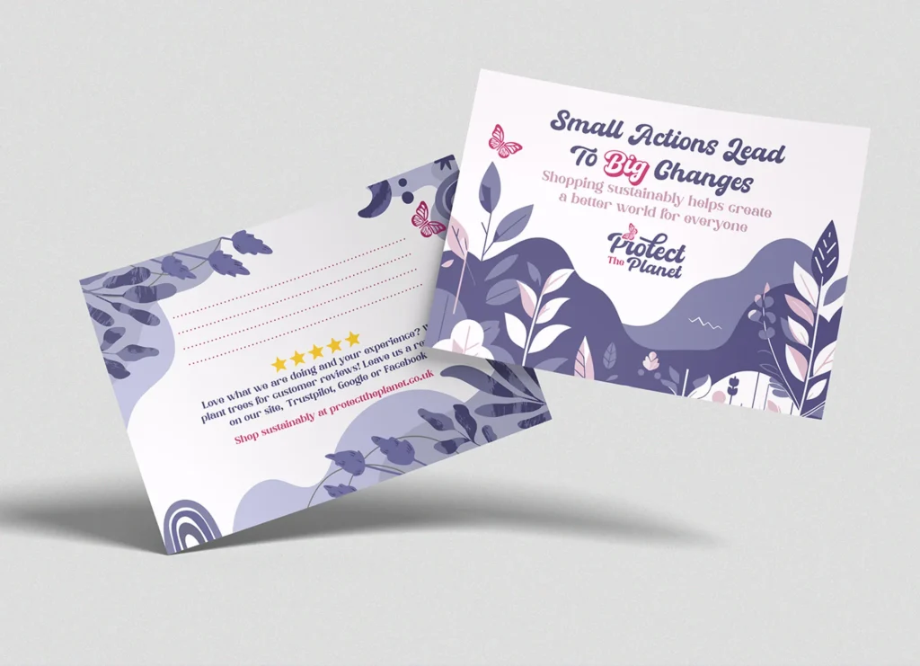 Eco-conscious thank you and review request card design for ecommerce store, featuring illustrated foliage, bold typography, and sustainability messaging.