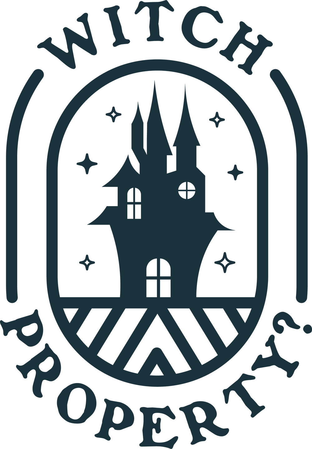 Witch Property? logo featuring a whimsical haunted house with stars, enclosed in a stylised badge design