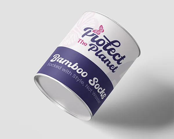 Warwick based Protect the Planet bamboo socks eco packaging – sustainable sock can with purple label and butterfly logo on light background