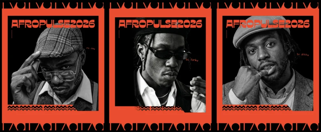 Series of bold poster designs featuring black and white portrait photography framed by striking red borders, expressive modern typography, and graphic pattern accents, creating a high-contrast, editorial-style visual identity