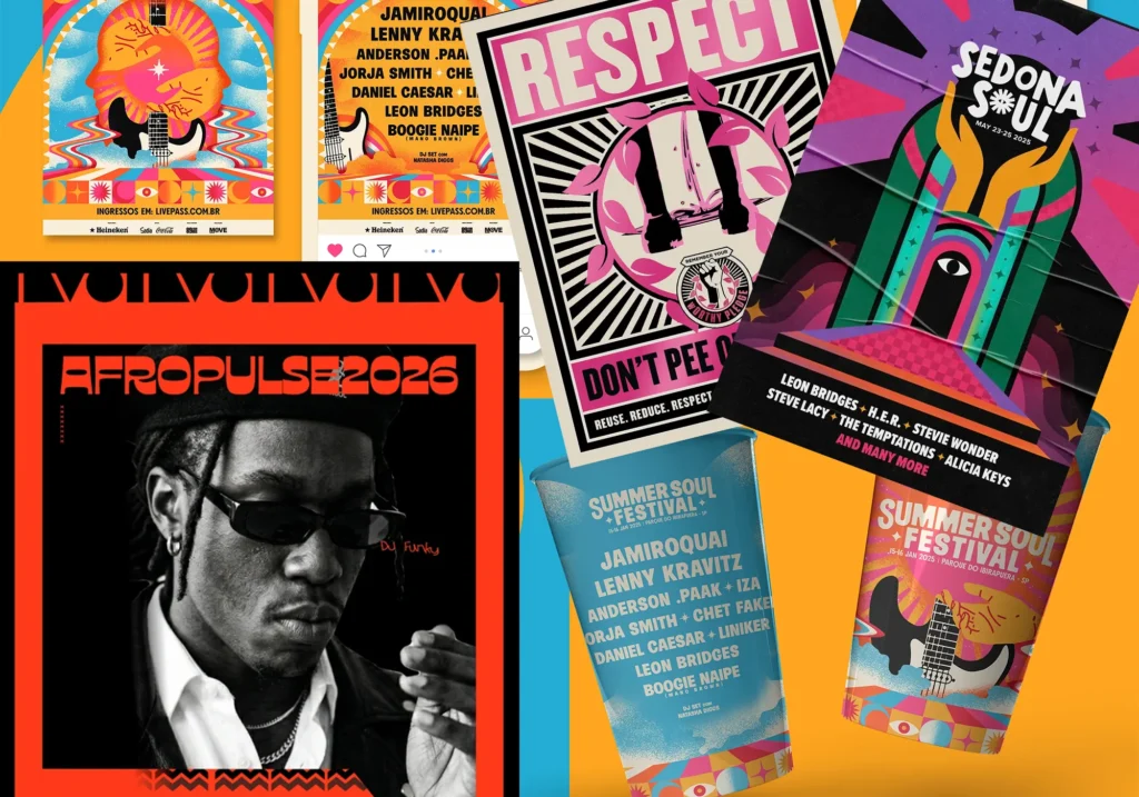 Collage of bold, vibrant poster designs featuring retro-inspired typography, psychedelic colour palettes, geometric shapes, and mixed layouts combining portrait photography, illustration, and layered graphic elements in a dynamic, high-energy composition