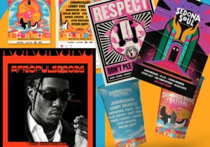Collage of bold, vibrant poster designs featuring retro-inspired typography, psychedelic colour palettes, geometric shapes, and mixed layouts combining portrait photography, illustration, and layered graphic elements in a dynamic, high-energy composition