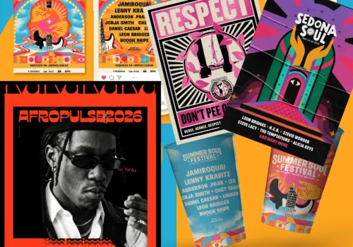 Collage of bold, vibrant poster designs featuring retro-inspired typography, psychedelic colour palettes, geometric shapes, and mixed layouts combining portrait photography, illustration, and layered graphic elements in a dynamic, high-energy composition