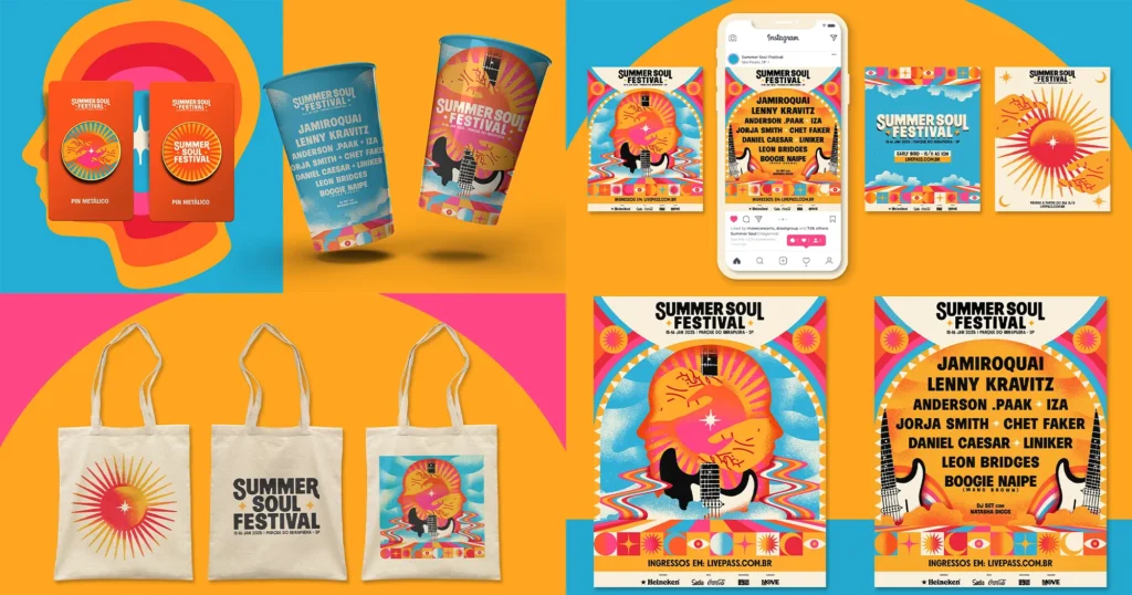 Vibrant branding mockups featuring bold retro-inspired graphics applied across posters, cups, tote bags, badges, and social media screens, using bright colour blocks, geometric patterns, and expressive typography in a cohesive festival-style visual identity