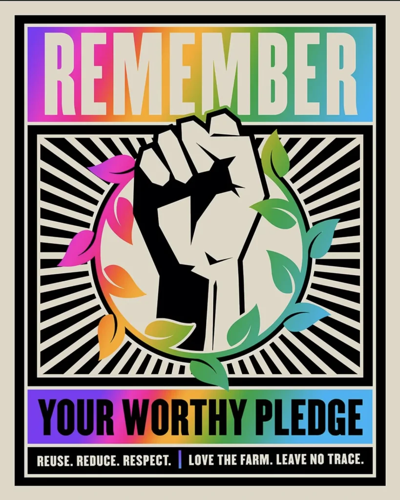 Bold graphic poster featuring a raised fist at the centre, surrounded by rainbow gradients, leaf elements, and radiating lines, with strong typography and a high-contrast, activist-inspired visual style