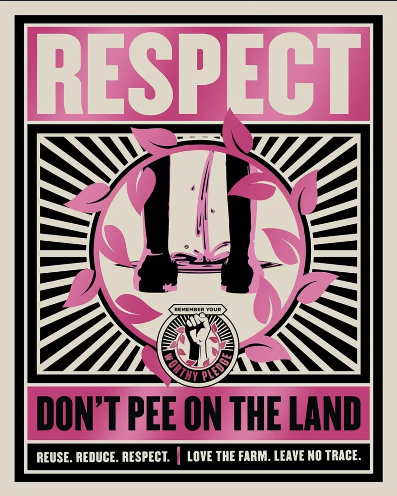 Bold graphic poster with a pink and black colour scheme featuring stylised legs and liquid illustration inside a circular frame, surrounded by radial lines, leaf elements, and strong high-contrast typography in a rebellious, poster-style layout